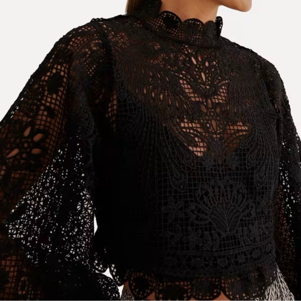 FARM Rio Black Guipure Lace Balloon sleeve, Blouse. EUC. No flaws. Womens Small - Picture 7 of 10